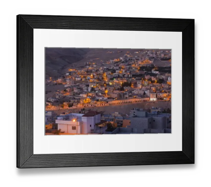 Framed Print : Jordan, Petra-Wadi Musa, elevated view of the new town of Wadi Musa, evening