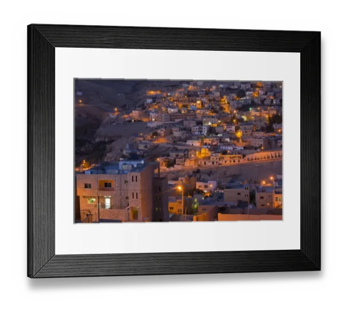 Framed Print : Jordan, Petra-Wadi Musa, elevated view of the new town of Wadi Musa, evening