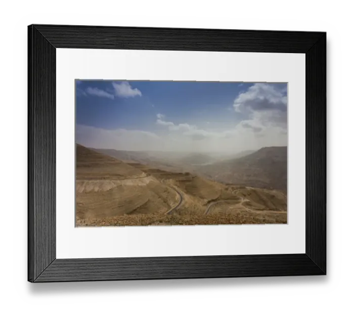 Framed Print : Jordan, Kings Highway, Wadi Mujib, desert landscape with highway Framed Print : Jordan, Kings Highway, Wadi Mujib, desert landscape with highway