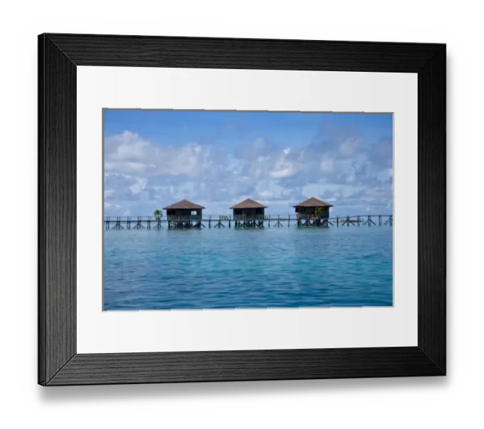 Framed Print : Three bungalows, Sipadan-Kapalai Dive Resort, Sabah, Borneo, Malaysia