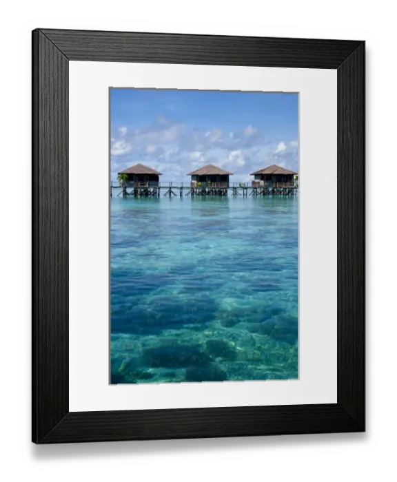 Framed Print : Three bungalows, Sipadan-Kapalai Dive Resort, Sabah, Borneo, Malaysia