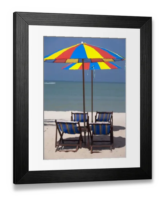Framed Print : Malaysia, Island of Penang, Golden Sands Beach Resort. Resort beach with colorful umbrellas