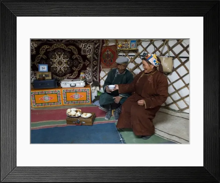 Framed Print : Zandankhuu, nomad woman and her husband, Gunzel in their yurt (MR)