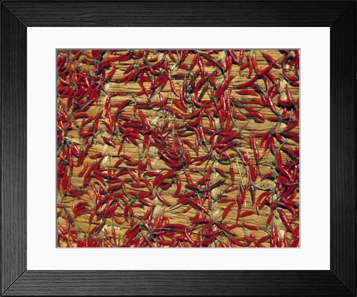 Framed Print : Asia, Nepal, Kathmandu. Red chilies dry on straw mats in a courtyard in Kathmandu