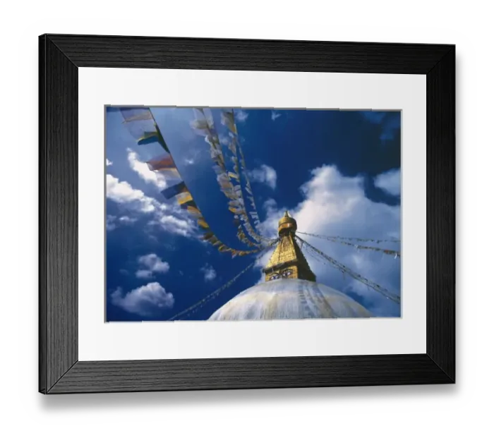 Framed Print : Asia, Nepal, Kathmandu Valley. Flags send prayers to heaven at Bodnath Stupa, Kathmandu