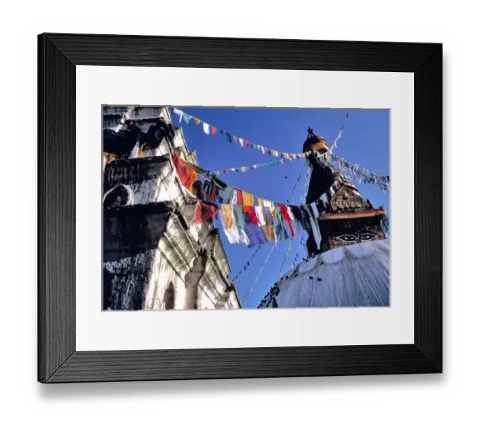 Framed Print : Asia, Nepal, Kathmandu Valley. Bright colored prayer flags flutter in the wind Framed Print : Asia, Nepal, Kathmandu Valley. Bright colored prayer flags flutter in the wind