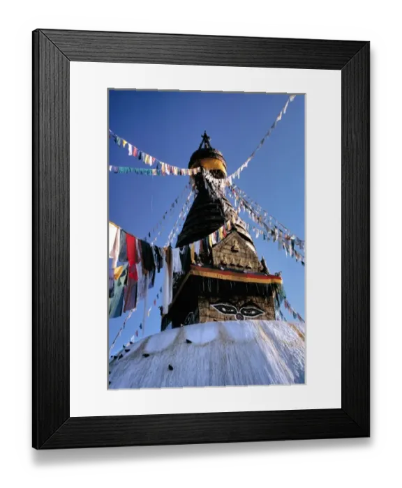 Framed Print : Asia, Nepal, Kathmandu Valley. Dawn lights the face of Swayambunath and the prayer