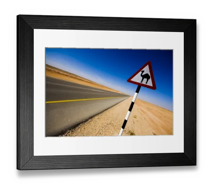 Framed Print : Oman, Marmul, road sign of camel crossing