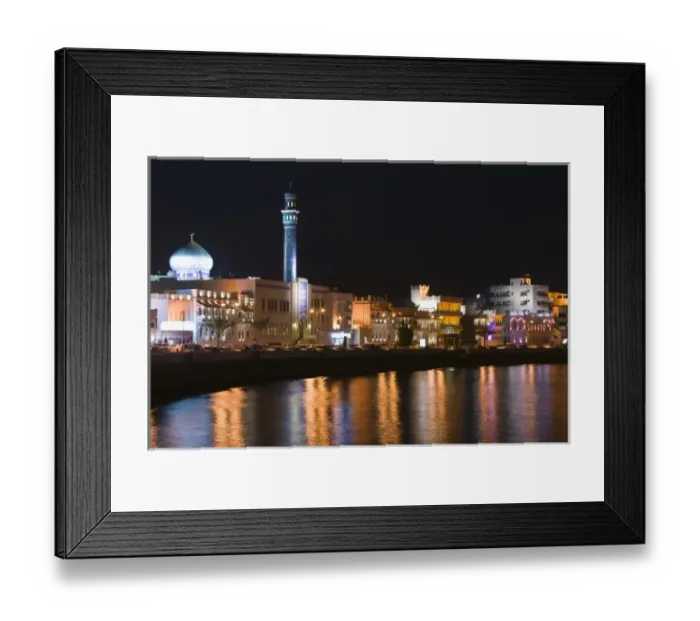 Framed Print : Oman, Muscat, Mutrah. Mutrah Corniche Buildings / Evening Framed Print : Oman, Muscat, Mutrah. Mutrah Corniche Buildings / Evening