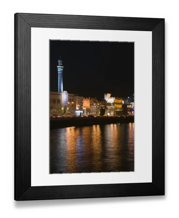 Framed Print : Oman, Muscat, Mutrah. Mutrah Corniche Buildings / Evening Framed Print : Oman, Muscat, Mutrah. Mutrah Corniche Buildings / Evening