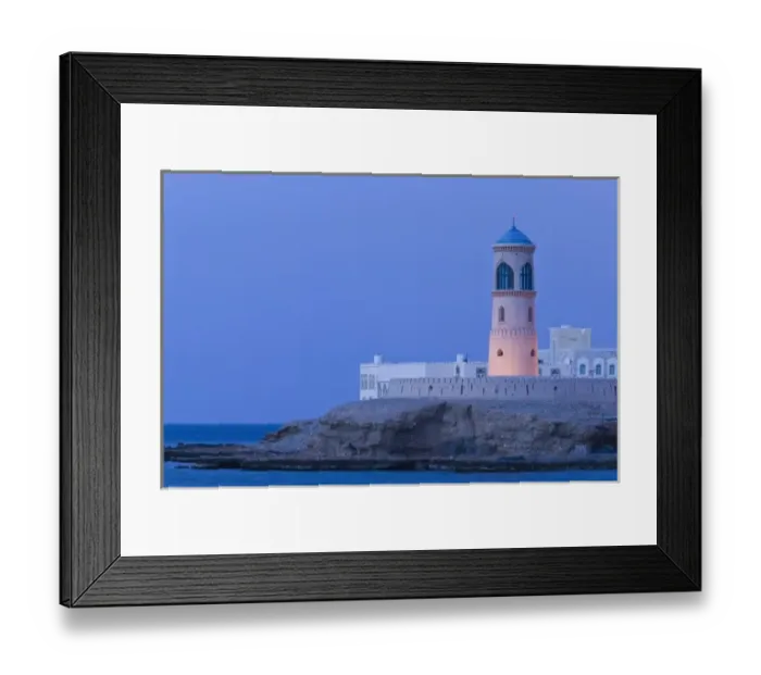 Framed Print : Oman, Sharqiya Region, Sur. Ayajh Town, View of Sur Lighthouse  /  Evening