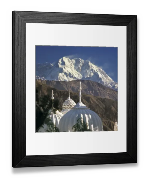 Framed Print : The snow-capped view of Trich Mir Peak, in Chitral, Pakistan, mimics the white dome of this mosque Framed Print : The snow-capped view of Trich Mir Peak, in Chitral, Pakistan, mimics the white dome of this mosque