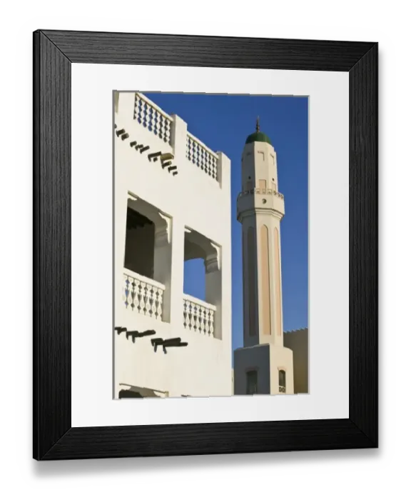 Framed Print : Qatar, Ad Dawhah, Doha. Mosque Minaret Detail along Ali bin Abdullah Street  /  Sunset