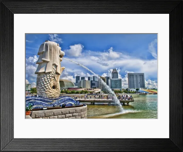 Framed Print : Merlion, symbol of Singapore, and downtown skyline in Fullerton area of Clarke Quay Framed Print : Merlion, symbol of Singapore, and downtown skyline in Fullerton area of Clarke Quay