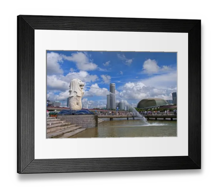 Framed Print : Merlion, symbol of Singapore, and downtown skyline in Fullerton area of Clarke Quay