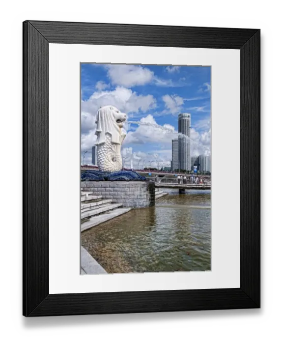 Framed Print : Merlion, symbol of Singapore, and downtown skyline in Fullerton area of Clarke Quay