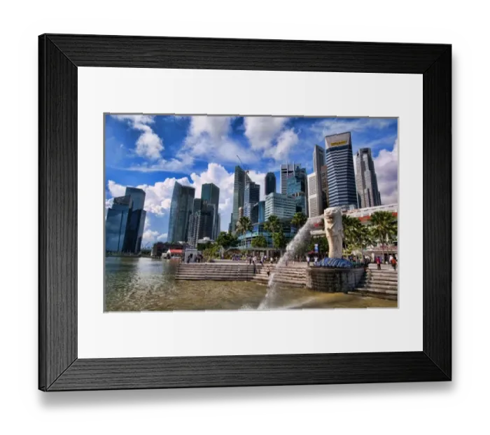 Framed Print : Merlion, symbol of Singapore, and downtown skyline in Fullerton area of Clarke Quay