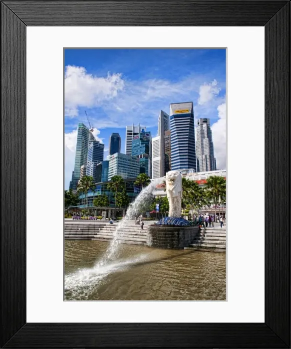 Framed Print : Merlion, symbol of Singapore, and downtown skyline in Fullerton area of Clarke Quay