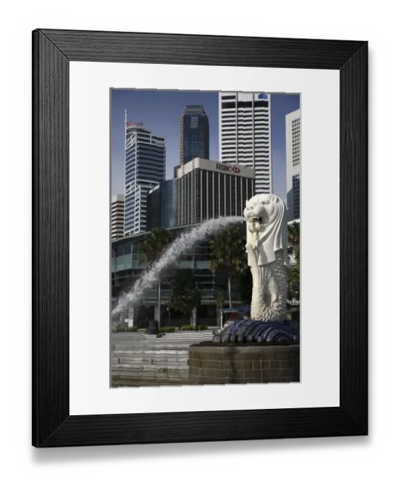 Framed Print : Singapore. Merlion statue in the Merlion Park with high rise office towers in Financial