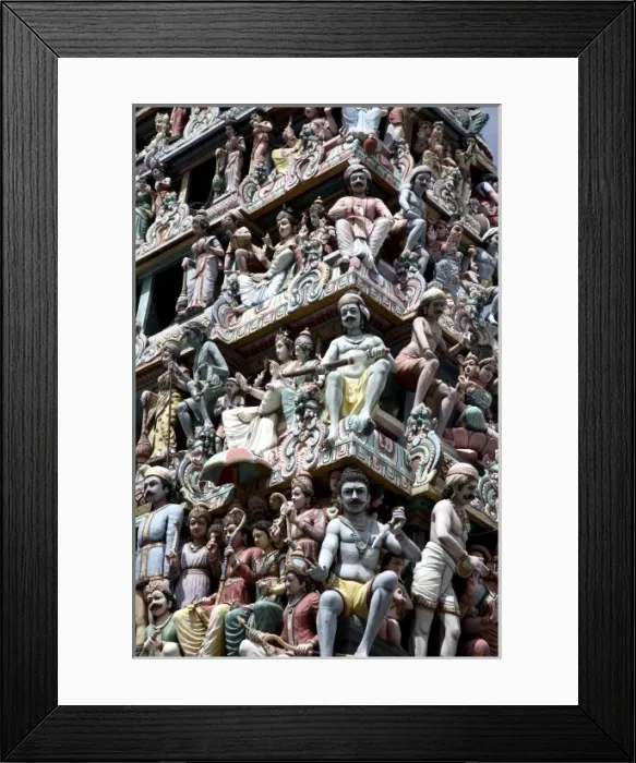 Framed Print : Singapore. A closed up view of Hindu Religious figures decorating the entrance of Framed Print : Singapore. A closed up view of Hindu Religious figures decorating the entrance of