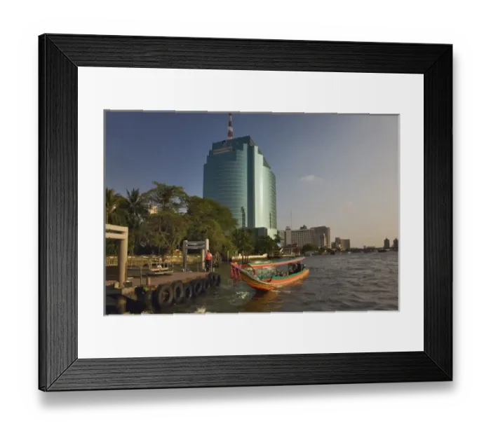 Framed Print : Long tail boat docking, Chao Phraya River from the Old Farang Quarter, Bangkok, Thailand Framed Print : Long tail boat docking, Chao Phraya River from the Old Farang Quarter, Bangkok, Thailand
