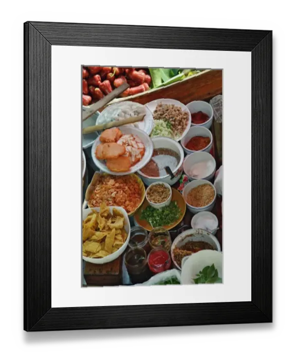 Framed Print : Food for sale, Damnoen Saduak Floating Market, Damnoen Saduak, Thailand