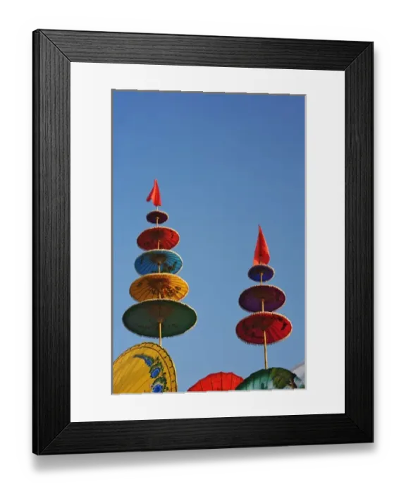Framed Print : Umbrellas on sign for the Bosang Umbrella festival, Chiang Mai, Thailand