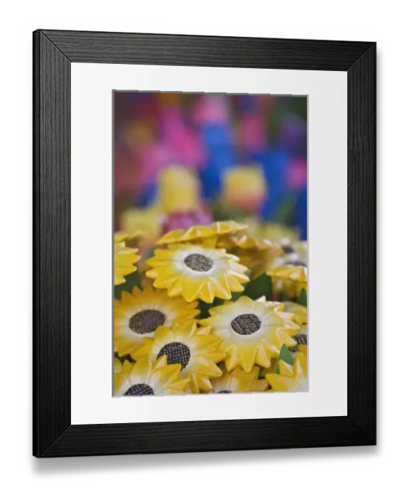 Framed Print : Carved wooden flowers at market, Bosang, Chiang Mai, Thailand