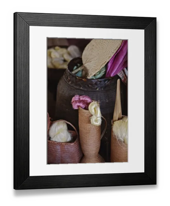 Framed Print : Silk thread and silk material in baskets, Chiang Mai, Thailand Framed Print : Silk thread and silk material in baskets, Chiang Mai, Thailand