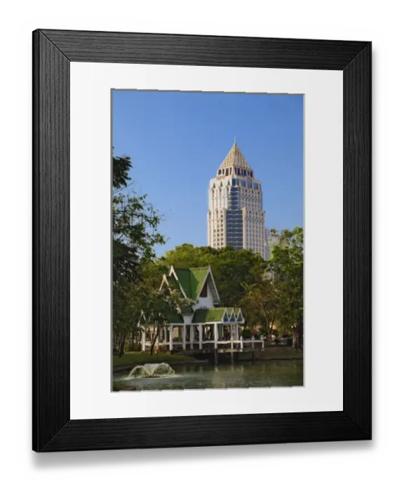 Framed Print : Contrasting traditional style architecture and modern new building. Bangkok, Thailand
