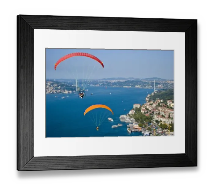 Framed Print : Two powered paragliders flying over the Bosphorus, aerial view, Istanbul, Turkey Framed Print : Two powered paragliders flying over the Bosphorus, aerial view, Istanbul, Turkey