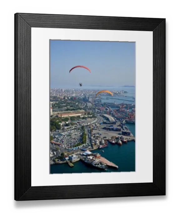 Framed Print : Two powered paragliders flying over Harem, aerial view, Istanbul, Turkey