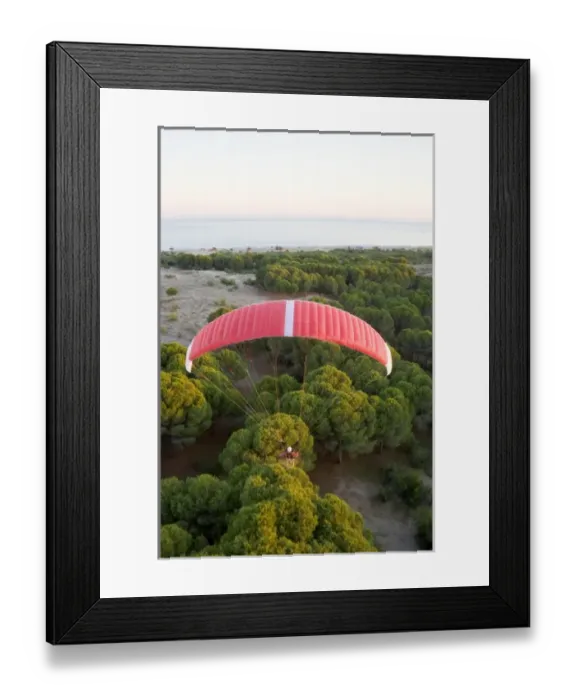 Framed Print : Powered paraglider flying over maquis shrubland in Demre, aerial view, Antalya, Turkey Framed Print : Powered paraglider flying over maquis shrubland in Demre, aerial view, Antalya, Turkey