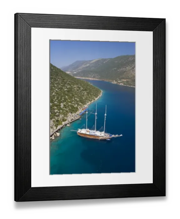 Framed Print : Aerial view of a Turkish yacht Gulet on blue cruise, Turkey, Kas, Antalya, Turkey Framed Print : Aerial view of a Turkish yacht Gulet on blue cruise, Turkey, Kas, Antalya, Turkey