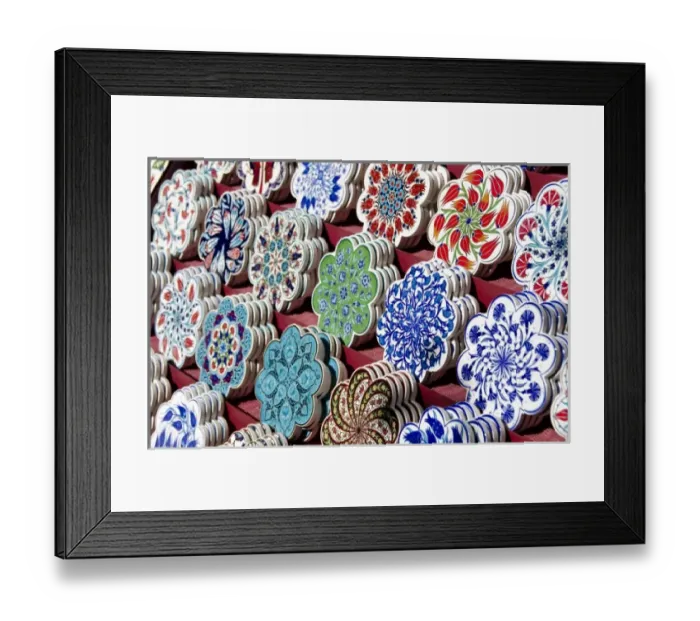 Framed Print : Turkey, Istanbul. Colorful hand painted souvenir pottery coasters Framed Print : Turkey, Istanbul. Colorful hand painted souvenir pottery coasters