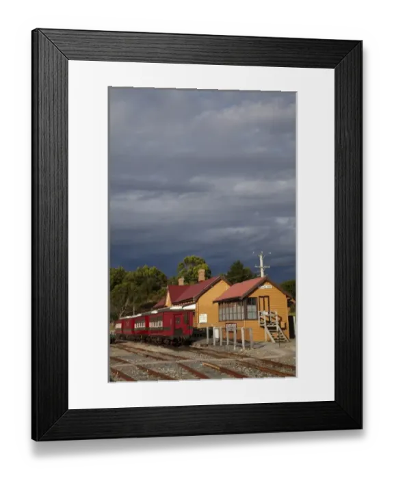 Framed Print : West Coast Wilderness Railway Train at Railway Station, Regatta Point, Strahan, Western Tasmania Framed Print : West Coast Wilderness Railway Train at Railway Station, Regatta Point, Strahan, Western Tasmania