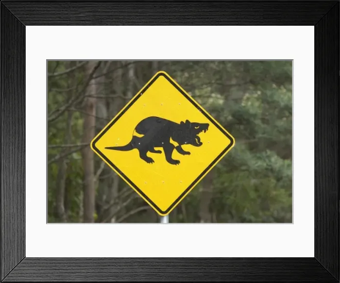 Framed Print : Tasmanian Devil warning sign, Tasman Peninsula, Southern Tasmania, Australia Framed Print : Tasmanian Devil warning sign, Tasman Peninsula, Southern Tasmania, Australia