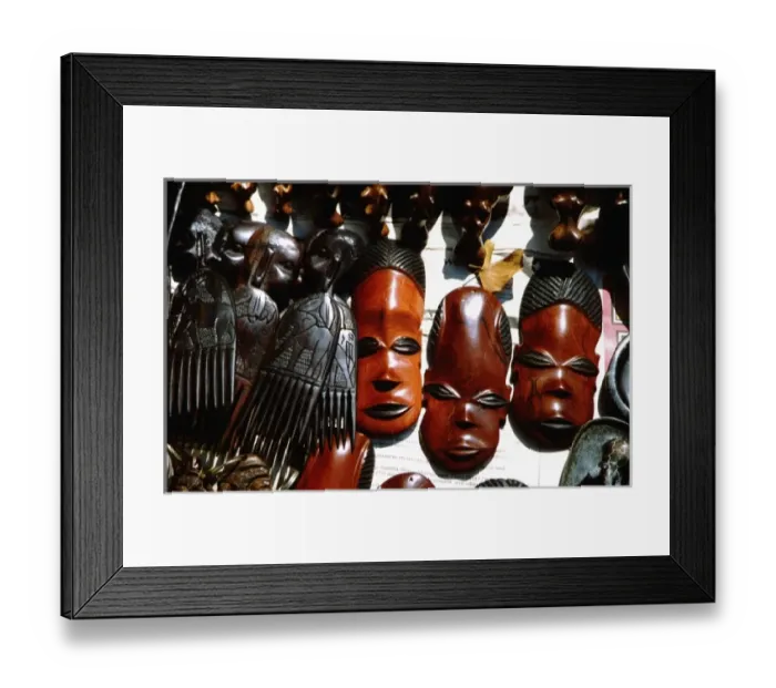 Framed Print : Africa, Zambia, Victoria Falls National Park. Local handicrafts sold at the Falls, masks