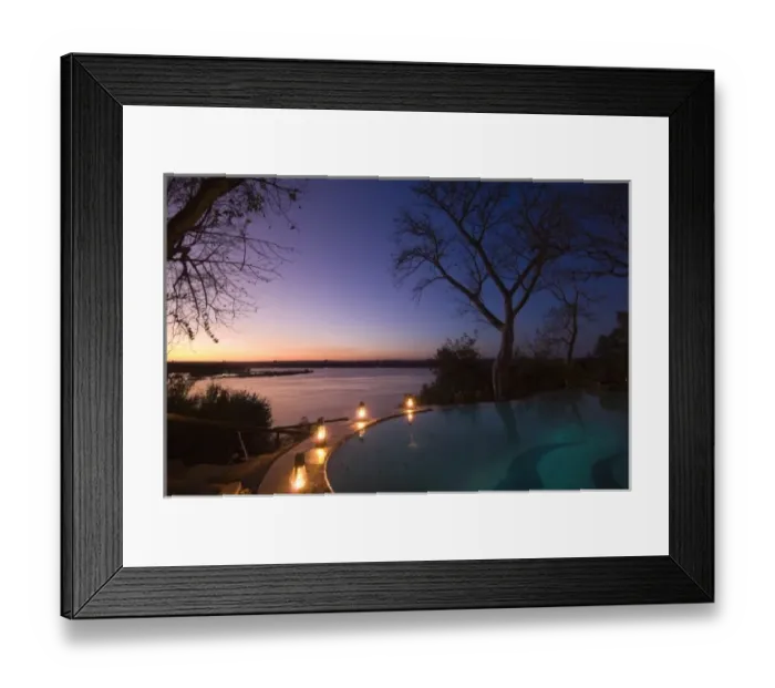 Framed Print : The River Club lodge, sunset on Zambesi River, Zambia