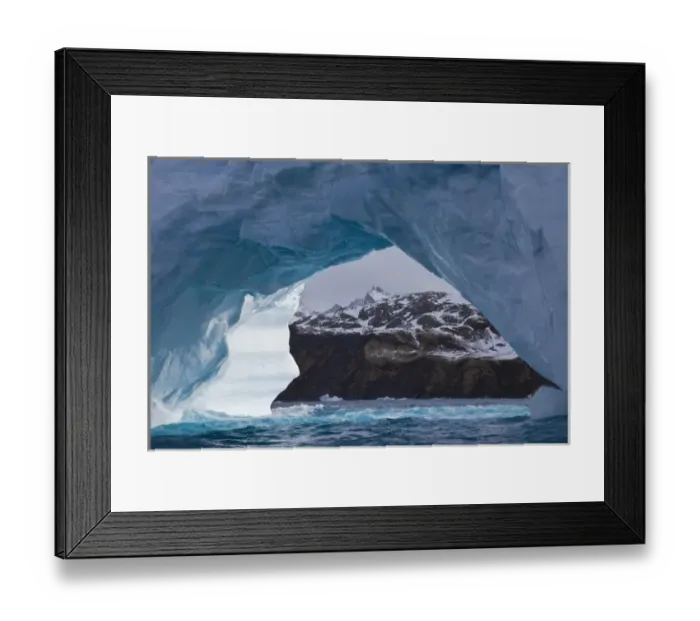 Framed Print : UK Territory, South Georgia Island, Iris Bay. Brown land framed by iceberg arch Framed Print : UK Territory, South Georgia Island, Iris Bay. Brown land framed by iceberg arch