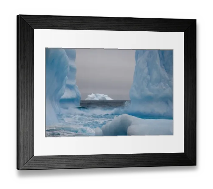 Framed Print : UK Territory, South Georgia Island. Blue-tinged icebergs frame a distant iceberg Framed Print : UK Territory, South Georgia Island. Blue-tinged icebergs frame a distant iceberg