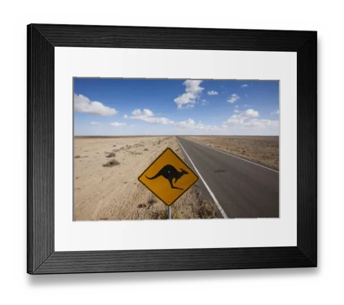 Framed Print : Australia, New South Wales, Kangaroo Crossing Sign in Outback on summer morning Framed Print : Australia, New South Wales, Kangaroo Crossing Sign in Outback on summer morning