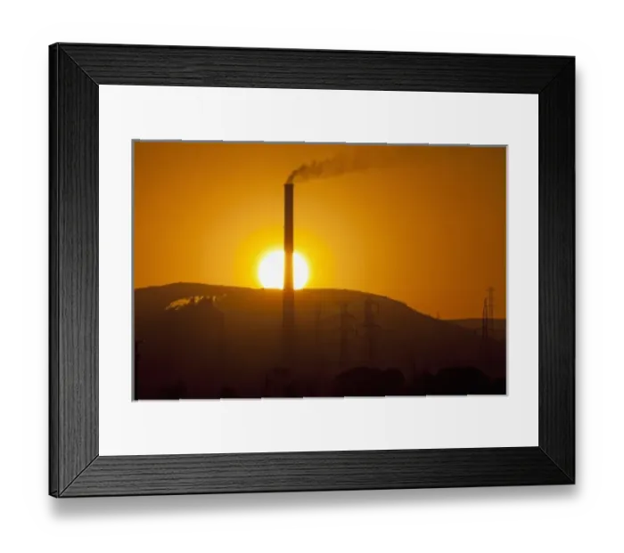 Framed Print : Australia, South Australia, Port Augusta, Sun sets behind plume of smoke from coal-fired Framed Print : Australia, South Australia, Port Augusta, Sun sets behind plume of smoke from coal-fired