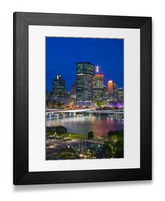 Framed Print : Australia, Queensland, Brisbane. City Skyline from Southbank / Evening Framed Print : Australia, Queensland, Brisbane. City Skyline from Southbank / Evening