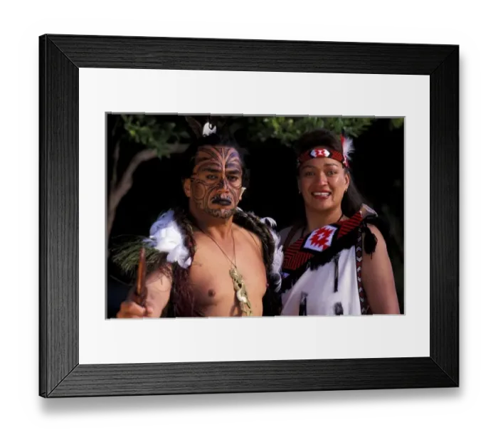 Framed Print : Oceania, New Zealand, North Island. Maori culture, man and woman warriors in native Maori costume Framed Print : Oceania, New Zealand, North Island. Maori culture, man and woman warriors in native Maori costume