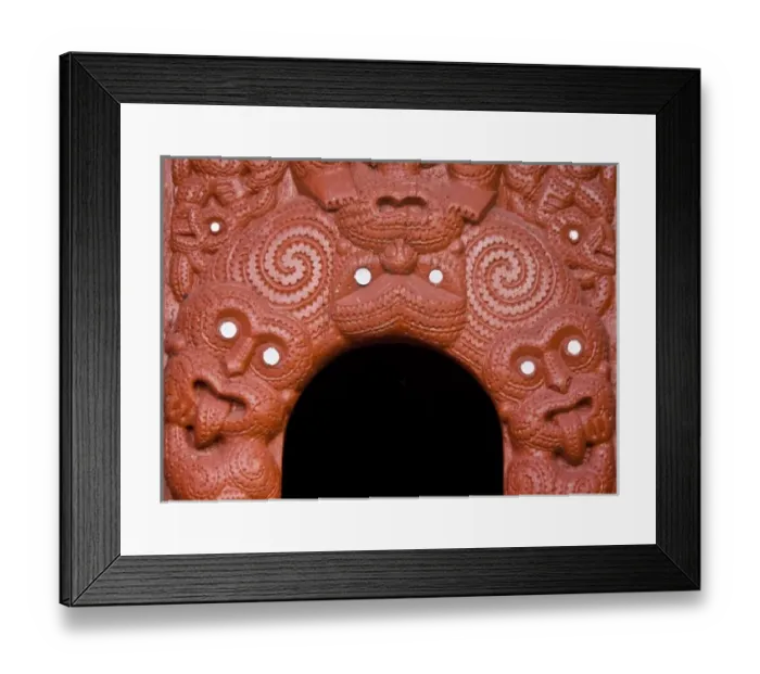 Framed Print : New Zealand, Rotorua. Traditional Maori wood carving around entrance Framed Print : New Zealand, Rotorua. Traditional Maori wood carving around entrance