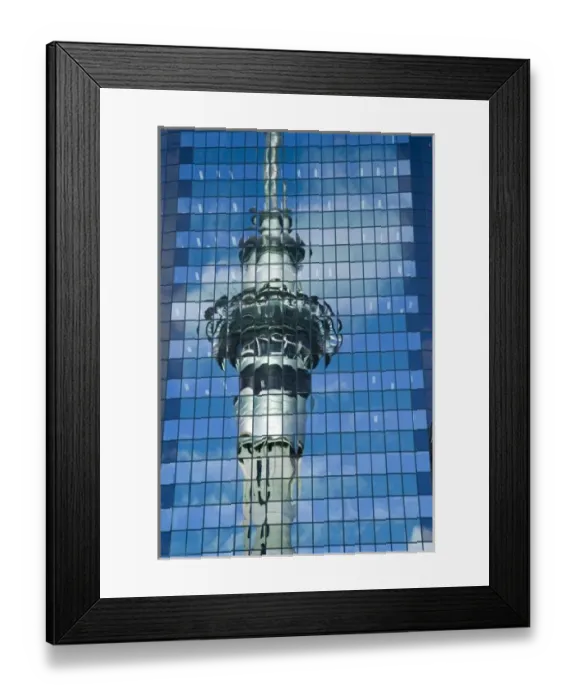 Framed Print : Reflection of Skytower in Office Building, Auckland, North Island, New Zealand Framed Print : Reflection of Skytower in Office Building, Auckland, North Island, New Zealand