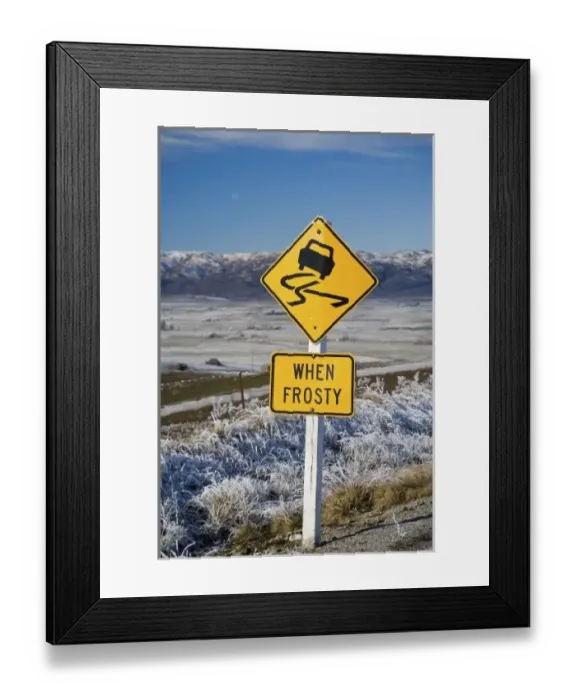 Framed Print : Road Sign and Hoar Frost, near Poolburn, Central Otago, South Island, New Zealand