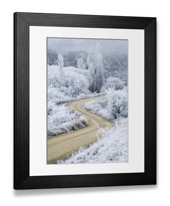 Framed Print : Hoar Frost and Road by Butchers Dam, near Alexandra, Central Otago, South Island Framed Print : Hoar Frost and Road by Butchers Dam, near Alexandra, Central Otago, South Island