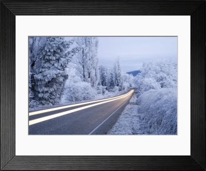 Framed Print : Road and Hoar Frost, Fruitlands, near Alexandra, Central Otago, South Island, New Zealand